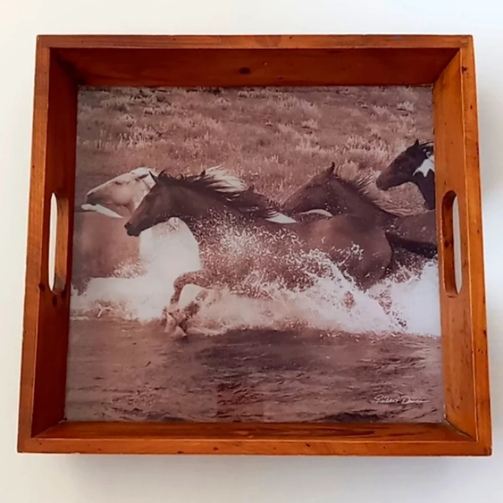 Rustic Western Wooden Serving Tray With Robert Dawson Photograph Of Wild Horses - Picture 1 of 9